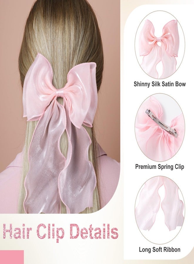 STSTR Large Hair Bow Clips, Pink Silk Yarn Ribbon Bow Hair Barrette for Women, Elegant Long Tail Bowknot French Hair Accessories for Wedding, Parties, Festivals - 1pcs - Image 4